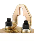 Close-up of a Heavy Duty 5 Ton Right Angle Two Way Auto Body Pull Clamp with high strength steel construction and bolts