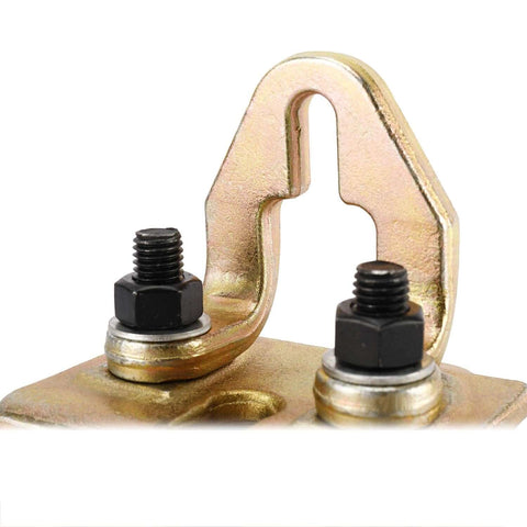 Close-up of a Heavy Duty 5 Ton Right Angle Two Way Auto Body Pull Clamp with high strength steel construction and bolts