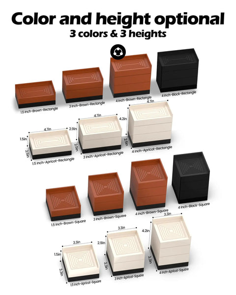 Variety of adjustable heavy duty furniture risers in brown, apricot, and black, showcasing different sizes and shapes.