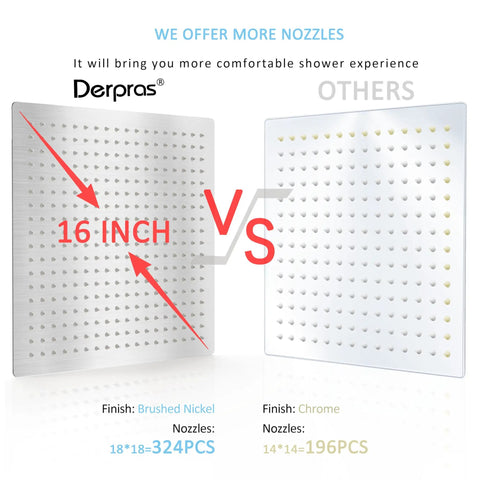 Comparison of 16 Inch Square Rain Shower Head With Ultra Thin Profile High Pressure Waterfall Showerhead In Brushed Nickel 304