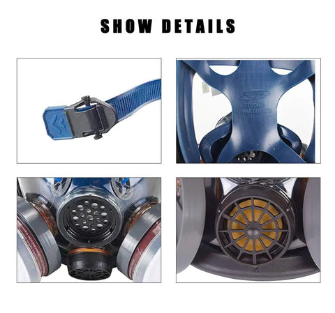 All Day Comfort Anti Dust Full Face Cover With Organic Vapor Protection For Paint Polishing Mold Construction And Welding Cleaning Anti Fog Lens Shield Wide View And Leak Free Seal, detail view of strap, inner mask, and filters.