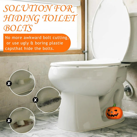 Top Notch Halloween Bathroom Glow Up Dope Ghost Pumpkin Toilet Seat Bolt Cover Cap Set Two Piece in a bathroom with a white toilet.