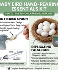 All In One Pigeon Care Starter Kit With Perches Leg Bands Dummy Eggs Waterer And Feeder infographic showing spoon and eggs