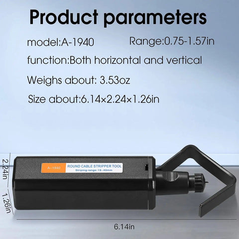 Pro Grade Round Cable Stripping Knife for 19-40mm cables with vertical and horizontal action, shown with dimensions and features.