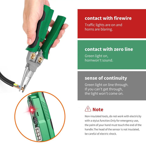 Heavy Duty 18 In 1 Wire Stripper Tool With Voltage Tester And Crimper All In One Cable Cutter Lineman Pliers held showing tester
