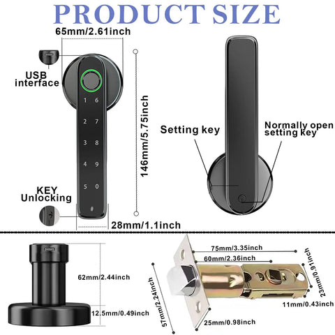 Product dimensions of Fingerprint Smart Door Knob With Keyless Entry And Biometric Lock Unlock By App Or Phone 3 In 1 Security Door Handle
