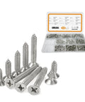 All Purpose Stainless Steel Wood Screws Set 420 PC Assortment Kit with visible flat head Phillips screws and box compartments.