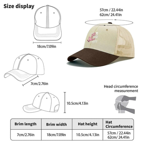 Diagram of Cruise Ready Trucker Hat For Women And Men Unisex Sports Cap with mesh top and size measurements displayed.