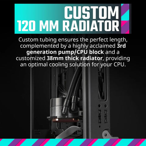Close-up of custom 120mm radiator in NCORE 100 MAX Mini ITX PC Case With Included 120mm AIO And V850W SFX Gold PSU