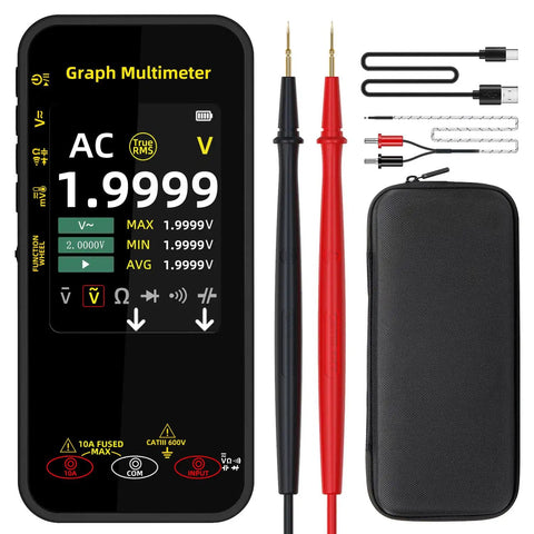 Pro Grade 20000 Counts Digital Multimeter With Data Recorder And Smart Mode, multimeter with leads, accessories, and case