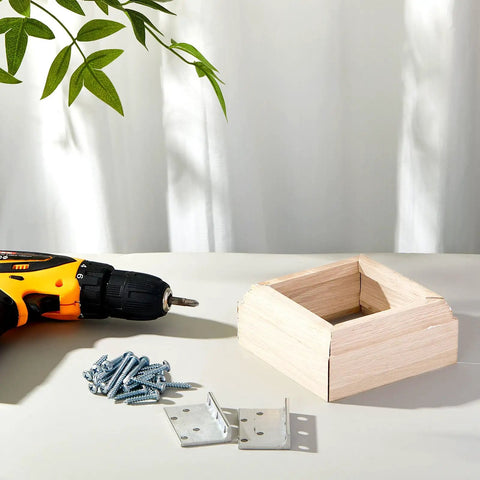 Heavy Duty 3 Inch Newel Post Mounting Kit With Solid L Bracket Fasteners Maple Wood Skirt Trim deck hardware tools on work surface.