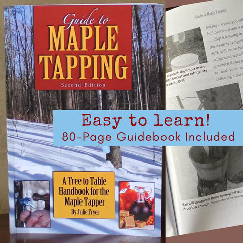 No Sweat Maple Syrup Tapping Kit For Trees With Ten Tough Three Foot Blue Drop Tubes Spiles One Quart Sap Filter Quick Reference Book cover with illustrations and text.
