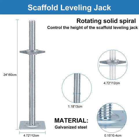 24 Inch Adjustable Scaffold Leveling Jacks For Baker Style Frames Galvanized Solid Threaded Rods Scaffolding Feet 4 Pack with solid spiral design.