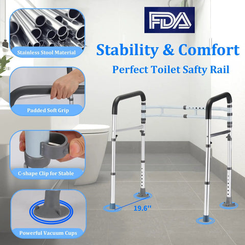 Heavy Duty Toilet Safety Rails For Seniors And Elderly Sturdy Aluminum Bathroom Handle Frame designed with a padded soft grip and vacuum cups.