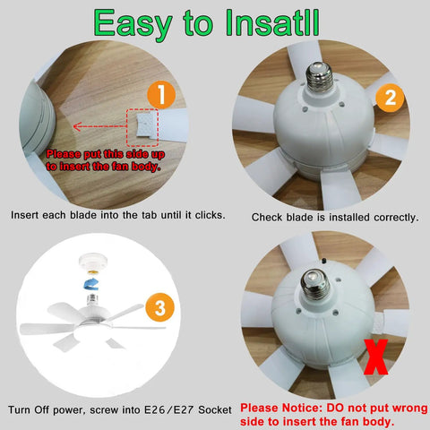 Installation instructions for 2 Pack Socket Fan Light With Remote, 18 Inch Low Profile Ceiling Fan Light Kit, showing blade placement and socket attachment.