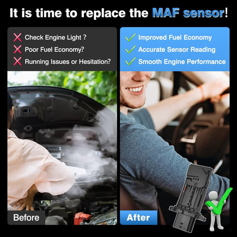 Before and after comparison showing need for Mass Air Flow Sensor replacement for Nissan vehicles. Direct Drop In Mass Air Flow Sensor Fits Nissan Altima Pathfinder Infiniti Q50 Q70 Qx60 2.5L Engines Maf Meter OE 226801mg0a Tight Seal Plug And Play Smoke Out Codes.