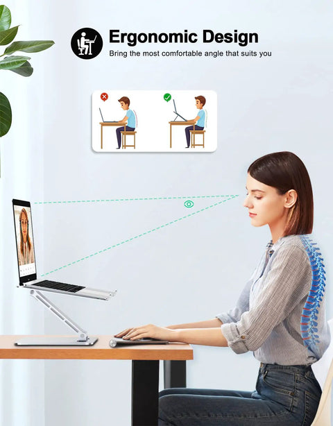 Foldable Laptop Stand With Height Adjustable Ergonomic Riser, Aluminum Portable Desk Mount for 10 to 16 Inch Laptops in use on desk.