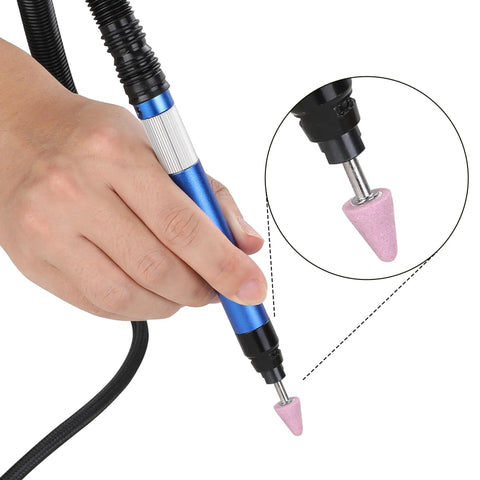 Professional Grade Heavy Duty 1/8 Inch Pneumatic Air Die Grinder Kit With 55 Foot Flex Hose, 56000 RPM Speed Control rotary tool in use.