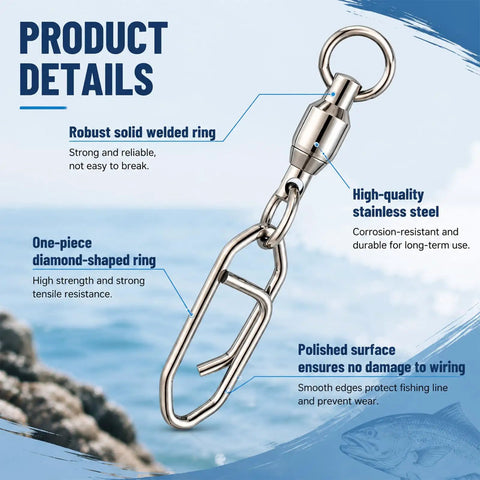 Speed Clips For Fishing Lures And Snap Swivels 30 Pack Heavy Duty Stainless Steel Quick Snap Ball Bearing Swivels For Freshwater And Saltwater Tackle Durable Power Clips For Lure Rigging. Stainless steel snap swivel close-up