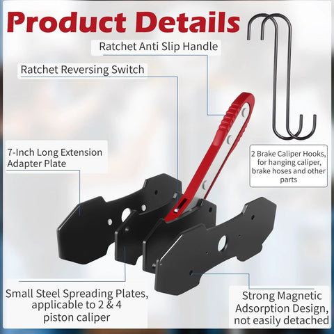 Front view of brake caliper compression tool with magnetic plates, red handle, 7-inch extension adapter plate, and two hanger hooks.