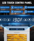 Heavy Duty 14 Tray Food Dehydrator Engineered From Commercial Grade Stainless Steel To Quick Dry Beef Jerky And Fresh Fruit Snacks Using Balanced Airflow Technology For A Hella Reliable Kitchen Setup LED touch control panel displaying temperature settings.