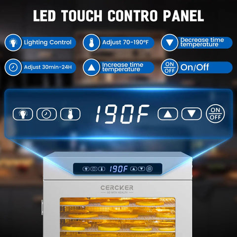 Heavy Duty 14 Tray Food Dehydrator Engineered From Commercial Grade Stainless Steel To Quick Dry Beef Jerky And Fresh Fruit Snacks Using Balanced Airflow Technology For A Hella Reliable Kitchen Setup LED touch control panel displaying temperature settings.