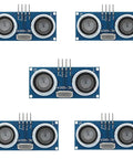 Five Pack HC-SR04 Ultrasonic Sensor Module for Precise Distance Sensing, DIY Robotics and Arduino Projects, shown in arranged view