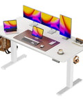 Massive 55 Inch Electric Standing Desk White Huge Gaming Computer Table Height Adjustable Stand Up Workstation Deep Desktop With Hooks Easy Assembly Smooth Motor For Home Office Ergonomic Setup Super Cool with laptops and monitors