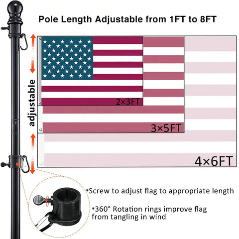 Heavy Duty In Ground Flag Pole Kit With 1 Inch Stainless Steel Shaft, height adjustable from 1 to 8 ft, with 3x5 Ft American Flag