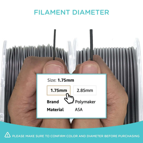 ASA 3D Printing Filament 1.75mm Black 1kg Dope Weather Resistant And UV Safe Outdoor Grade displayed with diameter gauge