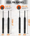 Diagram of flat and roll pin punches in 22-Piece Punch and Hammer Set With Interchangeable Hammer Heads, Steel Roll Pin Punch Set.