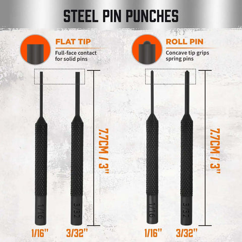 Diagram of flat and roll pin punches in 22-Piece Punch and Hammer Set With Interchangeable Hammer Heads, Steel Roll Pin Punch Set.