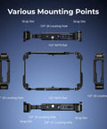 Monitor Cage Kit For Atomos Ninja TX And TX GO shows mounting points, H21 NATO Rail, and locating holes in black metal frame.