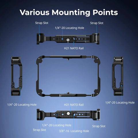 Monitor Cage Kit For Atomos Ninja TX And TX GO shows mounting points, H21 NATO Rail, and locating holes in black metal frame.