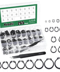 Alloy Steel C Clip Retaining Ring Kit 266 Pieces 21 Sizes From M4 To M28 External Circlips in box with tweezers.
