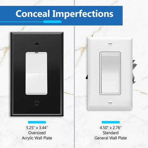 Reflective Mirror Glass Light Switch Cover For Oversized 3-Gang Plexiglass Wall Plate In Silver Mirror Finish shown with standard size comparison