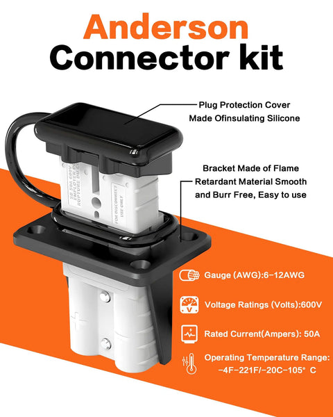 Beefy 50 Amp Anderson Battery Connector Kit For 6 To 12 Gauge Cables Quick Connect And Disconnect Wire Harness With Fixed Bracket And Rubber Insulated Protective Cover Includes Housings Bracket Cover And Terminals