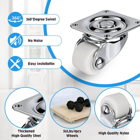 Eight Pack Mini Caster Wheels 0.6 Inch Low Profile Swivel Casters Non Marring Nylon Drawer Rollers Self Adhesive Plate Or Screw Mount Small Caster Wheels For Furniture Kitchen Appliances DIY Projects