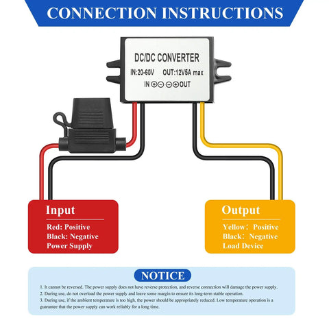 Diagram of Garage Ready DC Buck Converter Step Down Power Module 17 To 60V To 12V Input with wiring instructions.
