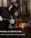 Person using grinding tool wearing OmniShield Professional Face Shield With Shade 3 IR Lens, premium headgear visible