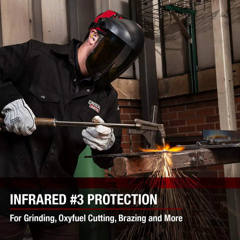 Person using grinding tool wearing OmniShield Professional Face Shield With Shade 3 IR Lens, premium headgear visible