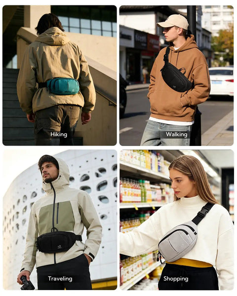 Four people wearing All Day RFID Blocking Fanny Pack With Extender Strap 2.5L Crossbody Waist Pack for hiking, walking, shopping.