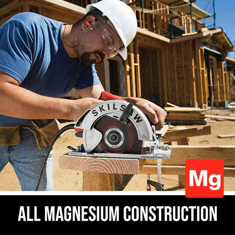 All Magnesium Sidewinder Circular Saw With 15 Amp Dual Field Motor And 7-1/4 Inch Blade cutting through wood on job site
