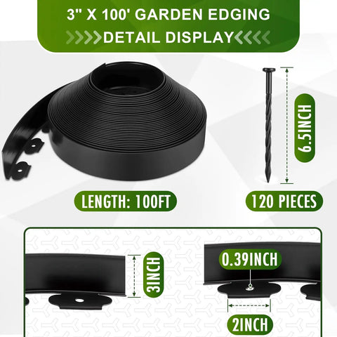 No Dig Garden Edging Kit 3 Inch By 100 Foot Flexible Landscape Border With 120 Anchoring Spikes Easy Install detail display