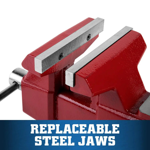 Close-up of Beefy Utility Bench Vise with replaceable hardened serrated steel jaws in a powder coat finish.