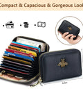RFID Blocking Leather Card Holder For Women Tiny Zipper Wallet With Bee Accent, Black Lite, open with cards and cash, 4.3 x 2.8 in