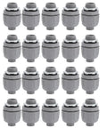 20 Piece Bulk Pack of 3/4 Inch NPT Liquid Tight Connectors for Flexible Electrical Conduit Nylon 6 Non Metallic arranged in rows.
