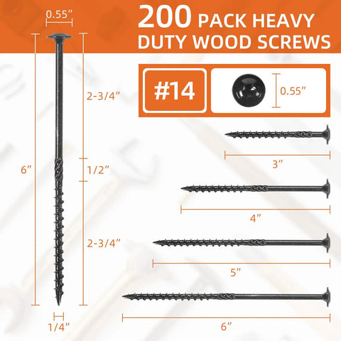 Heavy Duty Wood Structural Screws With Washer Head 6 Inch And 14 Gauge Star Drive Torx Bits Included Black Oxide Coated Steel 200 Pack