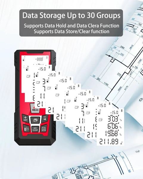 150M Laser Distance Meter With 492 Ft Range, 1/25 Inch Accuracy, IP54 Rating, Long Battery Life With About 8000 Measurements Per Battery Change, Multi Mode Distance, Area And Volume, Perfect For Architects Builders And DIY Pros. red laser distance meter with data storage display