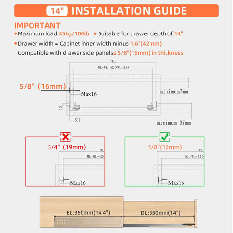 Bottom Mount Soft Close Drawer Slides Full Extension Concealed Rails 14 Inch Pair 100 LB Load Frameless Cabinet Fit No Bracket Fits One Half To Five Eighth Inch Drawer Sides Heavy Duty Kitchen And Home Upgrade installation guide diagram
